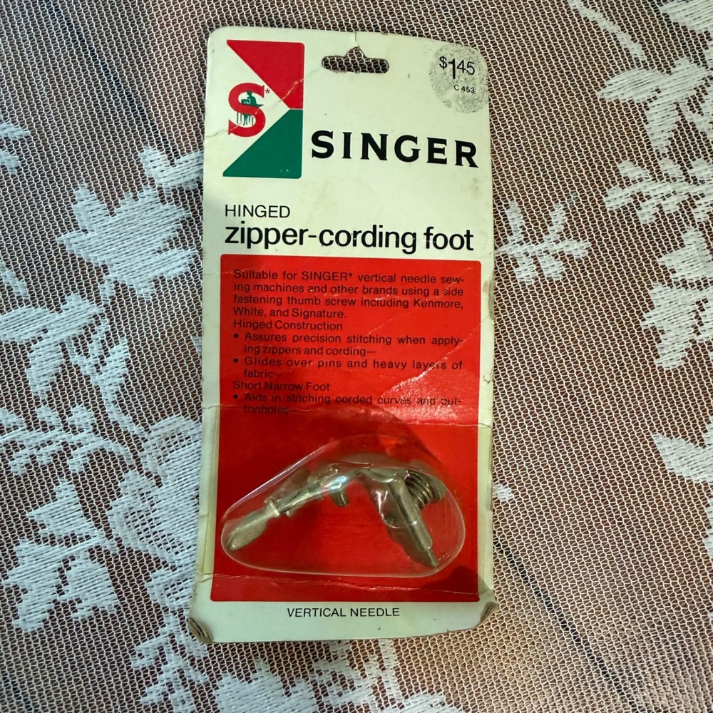 Singer Zipper Cording Foot 161127 Vertical Needle Silver New Vintage Attachment